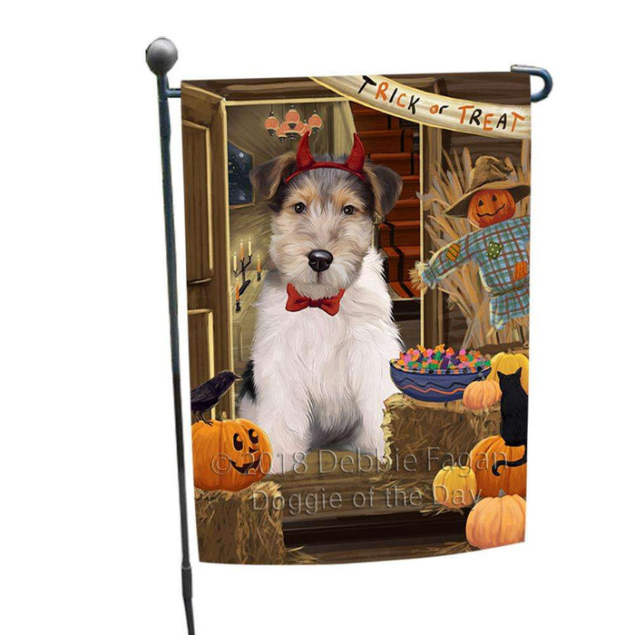 Enter at Own Risk Trick or Treat Halloween Wire Fox Terrier Dog Garden Flag GFLG53409