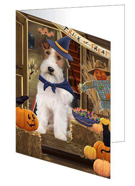 Enter at Own Risk Trick or Treat Halloween Wire Fox Terrier Dog Handmade Artwork Assorted Pets Greeting Cards and Note Cards with Envelopes for All Occasions and Holiday Seasons GCD64061