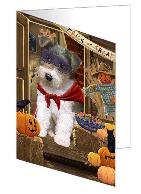 Enter at Own Risk Trick or Treat Halloween Wire Fox Terrier Dog Handmade Artwork Assorted Pets Greeting Cards and Note Cards with Envelopes for All Occasions and Holiday Seasons GCD64064
