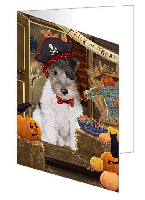 Enter at Own Risk Trick or Treat Halloween Wire Fox Terrier Dog Handmade Artwork Assorted Pets Greeting Cards and Note Cards with Envelopes for All Occasions and Holiday Seasons GCD64067