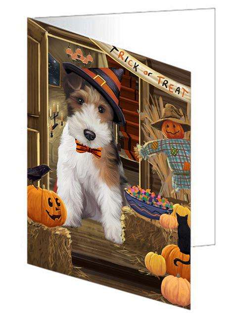 Enter at Own Risk Trick or Treat Halloween Wire Fox Terrier Dog Handmade Artwork Assorted Pets Greeting Cards and Note Cards with Envelopes for All Occasions and Holiday Seasons GCD64073