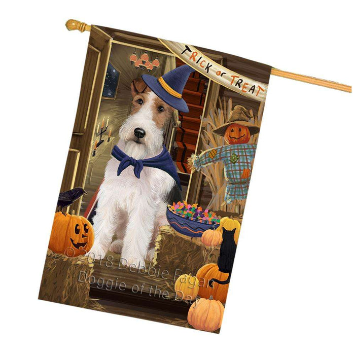 Enter at Own Risk Trick or Treat Halloween Wire Fox Terrier Dog House Flag FLG53542