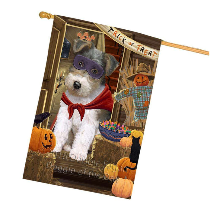 Enter at Own Risk Trick or Treat Halloween Wire Fox Terrier Dog House Flag FLG53543