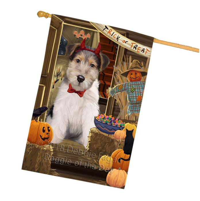 Enter at Own Risk Trick or Treat Halloween Wire Fox Terrier Dog House Flag FLG53545