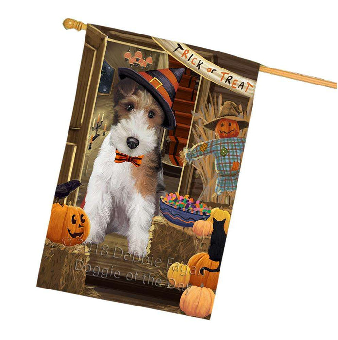 Enter at Own Risk Trick or Treat Halloween Wire Fox Terrier Dog House Flag FLG53546