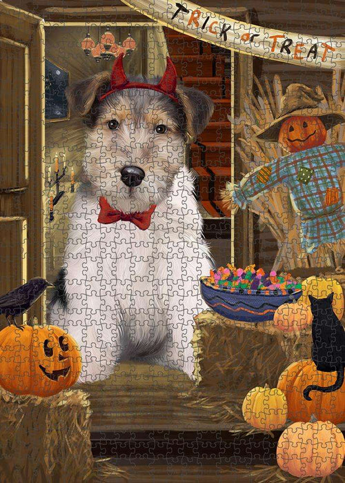 Enter at Own Risk Trick or Treat Halloween Wire Fox Terrier Dog Puzzle with Photo Tin PUZL80544