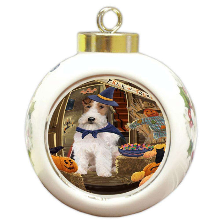 Enter at Own Risk Trick or Treat Halloween Wire Fox Terrier Dog Round Ball Christmas Ornament RBPOR53344