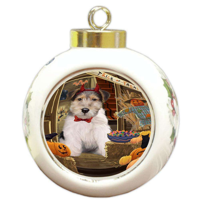 Enter at Own Risk Trick or Treat Halloween Wire Fox Terrier Dog Round Ball Christmas Ornament RBPOR53347