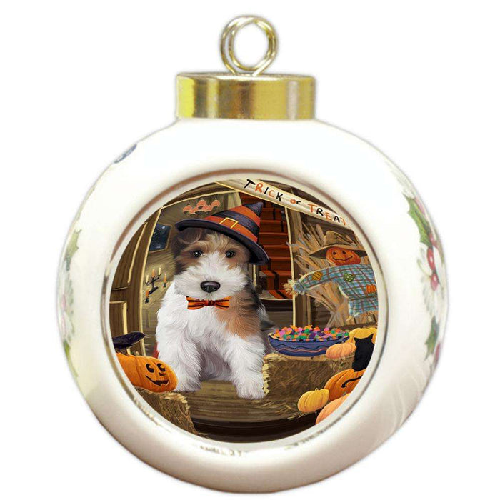 Enter at Own Risk Trick or Treat Halloween Wire Fox Terrier Dog Round Ball Christmas Ornament RBPOR53348
