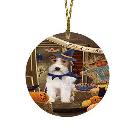 Enter at Own Risk Trick or Treat Halloween Wire Fox Terrier Dog Round Flat Christmas Ornament RFPOR53335