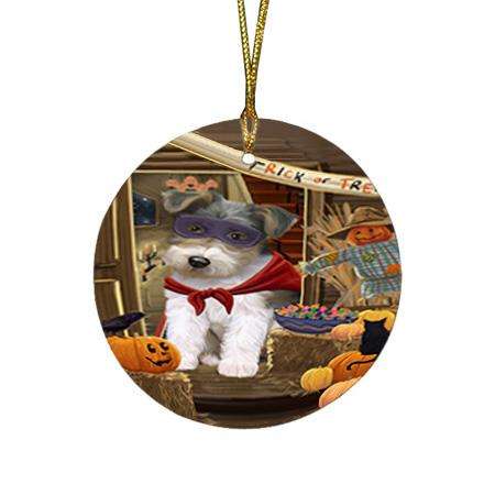 Enter at Own Risk Trick or Treat Halloween Wire Fox Terrier Dog Round Flat Christmas Ornament RFPOR53336