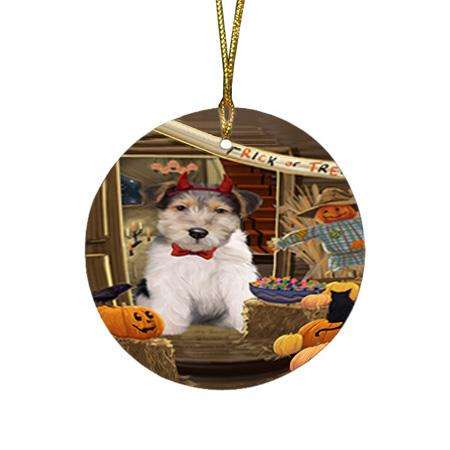 Enter at Own Risk Trick or Treat Halloween Wire Fox Terrier Dog Round Flat Christmas Ornament RFPOR53338