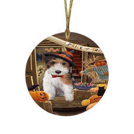 Enter at Own Risk Trick or Treat Halloween Wire Fox Terrier Dog Round Flat Christmas Ornament RFPOR53339