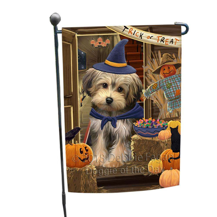 Enter at Own Risk Trick or Treat Halloween Yorkipoo Dog Garden Flag GFLG53411