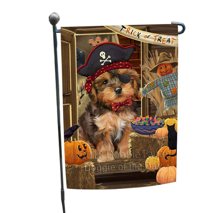 Enter at Own Risk Trick or Treat Halloween Yorkipoo Dog Garden Flag GFLG53413