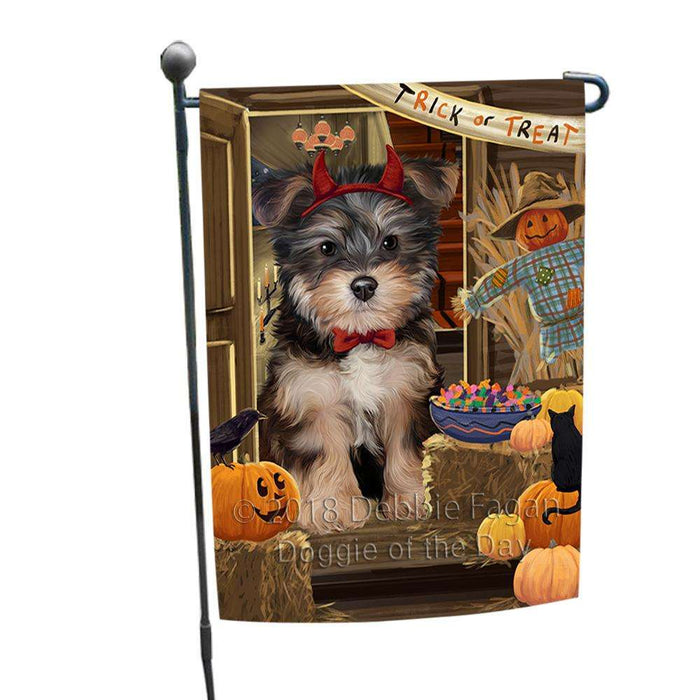 Enter at Own Risk Trick or Treat Halloween Yorkipoo Dog Garden Flag GFLG53414