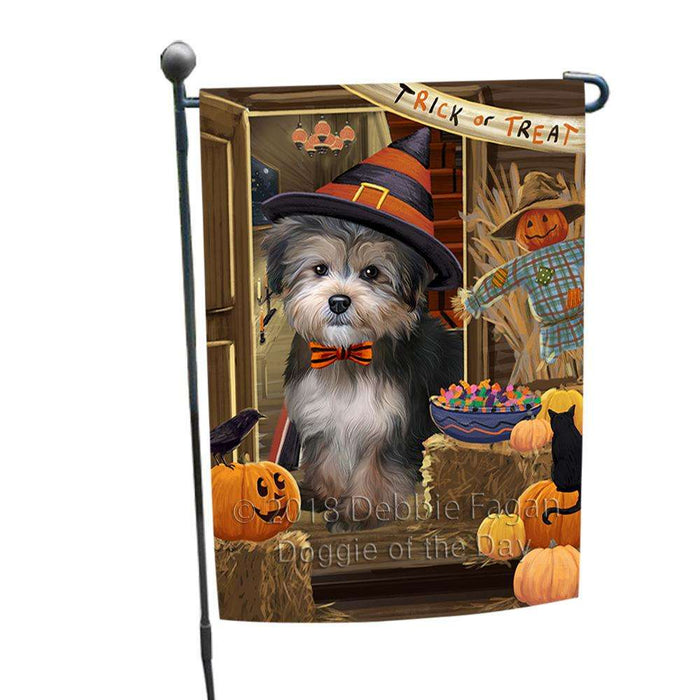 Enter at Own Risk Trick or Treat Halloween Yorkipoo Dog Garden Flag GFLG53415