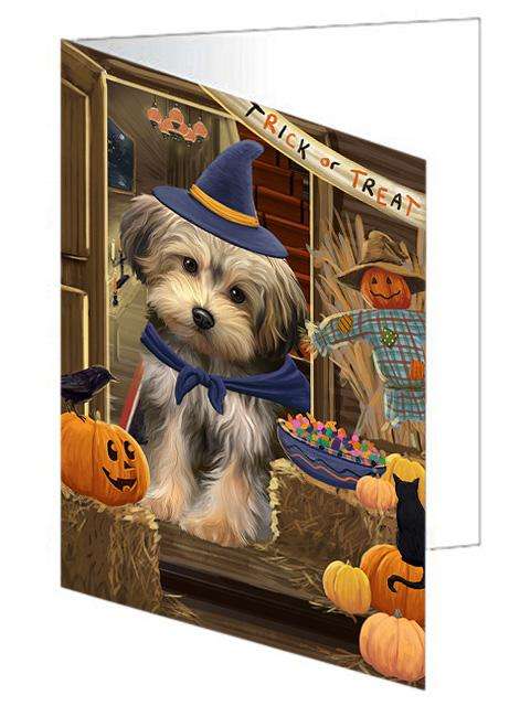 Enter at Own Risk Trick or Treat Halloween Yorkipoo Dog Handmade Artwork Assorted Pets Greeting Cards and Note Cards with Envelopes for All Occasions and Holiday Seasons GCD64076