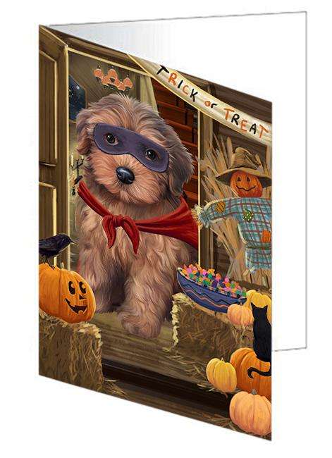 Enter at Own Risk Trick or Treat Halloween Yorkipoo Dog Handmade Artwork Assorted Pets Greeting Cards and Note Cards with Envelopes for All Occasions and Holiday Seasons GCD64079