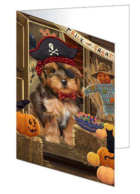 Enter at Own Risk Trick or Treat Halloween Yorkipoo Dog Handmade Artwork Assorted Pets Greeting Cards and Note Cards with Envelopes for All Occasions and Holiday Seasons GCD64082