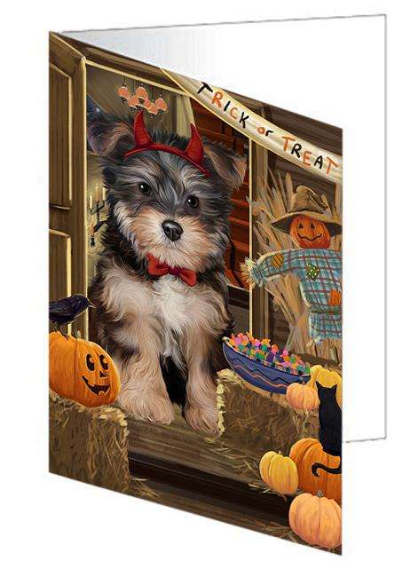 Enter at Own Risk Trick or Treat Halloween Yorkipoo Dog Handmade Artwork Assorted Pets Greeting Cards and Note Cards with Envelopes for All Occasions and Holiday Seasons GCD64085