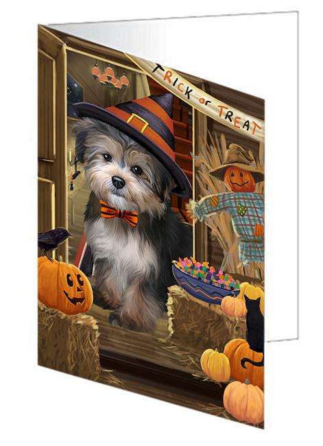 Enter at Own Risk Trick or Treat Halloween Yorkipoo Dog Handmade Artwork Assorted Pets Greeting Cards and Note Cards with Envelopes for All Occasions and Holiday Seasons GCD64088