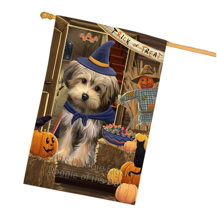 Enter at Own Risk Trick or Treat Halloween Yorkipoo Dog House Flag FLG53547