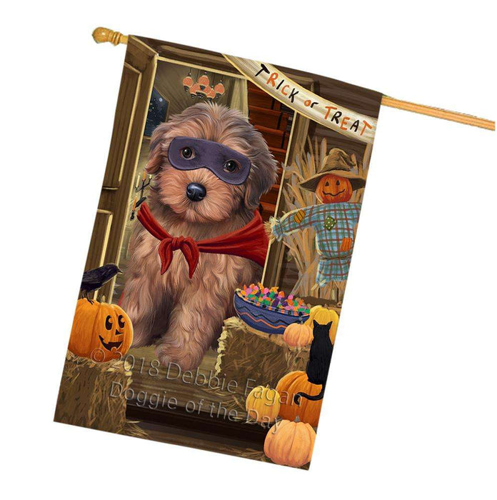 Enter at Own Risk Trick or Treat Halloween Yorkipoo Dog House Flag FLG53548