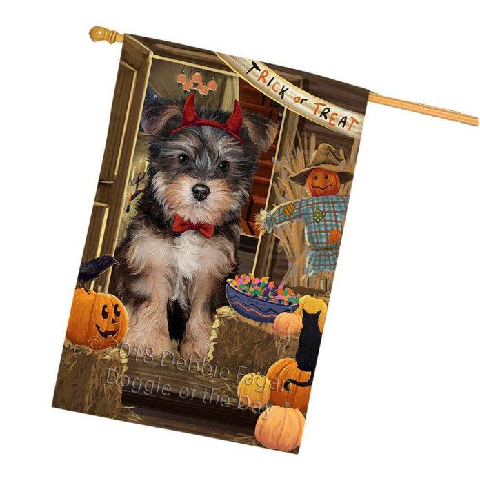 Enter at Own Risk Trick or Treat Halloween Yorkipoo Dog House Flag FLG53550