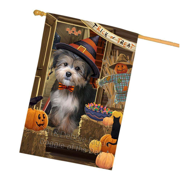 Enter at Own Risk Trick or Treat Halloween Yorkipoo Dog House Flag FLG53551
