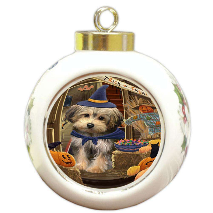 Enter at Own Risk Trick or Treat Halloween Yorkipoo Dog Round Ball Christmas Ornament RBPOR53349