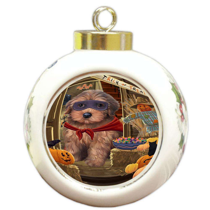 Enter at Own Risk Trick or Treat Halloween Yorkipoo Dog Round Ball Christmas Ornament RBPOR53350