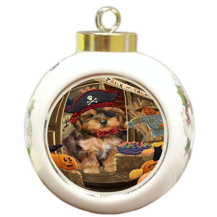 Enter at Own Risk Trick or Treat Halloween Yorkipoo Dog Round Ball Christmas Ornament RBPOR53351