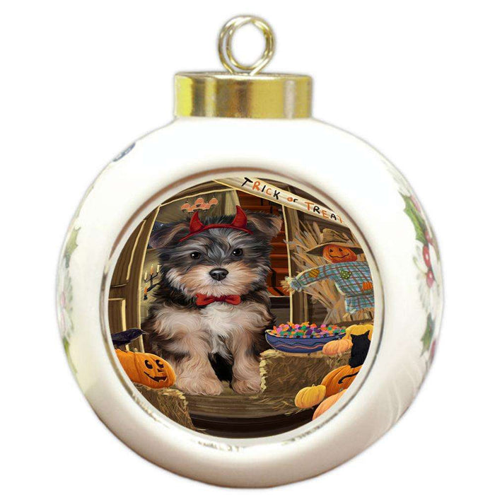 Enter at Own Risk Trick or Treat Halloween Yorkipoo Dog Round Ball Christmas Ornament RBPOR53352