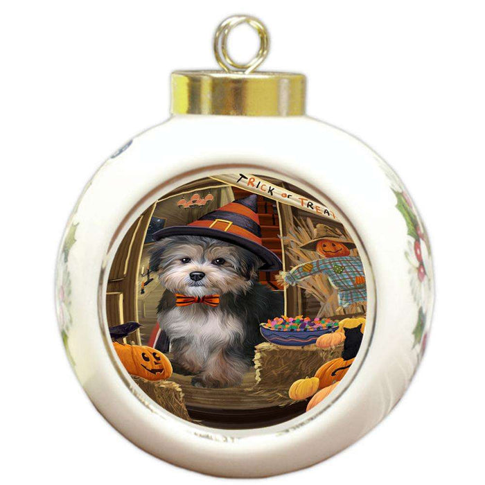 Enter at Own Risk Trick or Treat Halloween Yorkipoo Dog Round Ball Christmas Ornament RBPOR53353