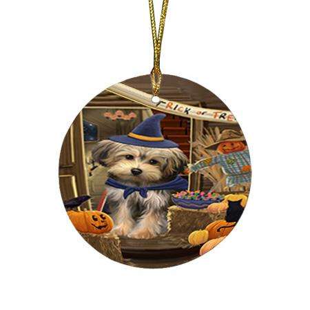 Enter at Own Risk Trick or Treat Halloween Yorkipoo Dog Round Flat Christmas Ornament RFPOR53340
