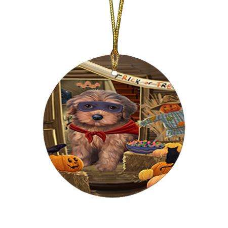Enter at Own Risk Trick or Treat Halloween Yorkipoo Dog Round Flat Christmas Ornament RFPOR53341