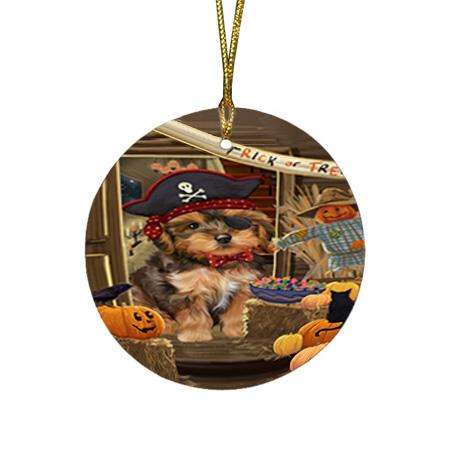Enter at Own Risk Trick or Treat Halloween Yorkipoo Dog Round Flat Christmas Ornament RFPOR53342