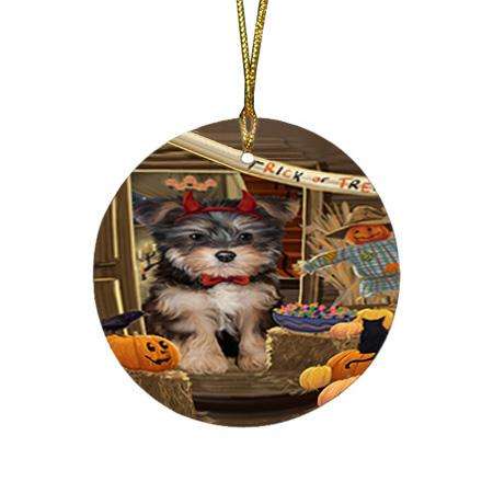 Enter at Own Risk Trick or Treat Halloween Yorkipoo Dog Round Flat Christmas Ornament RFPOR53343