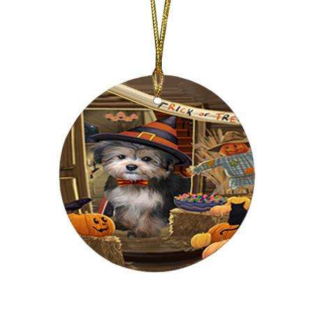 Enter at Own Risk Trick or Treat Halloween Yorkipoo Dog Round Flat Christmas Ornament RFPOR53344