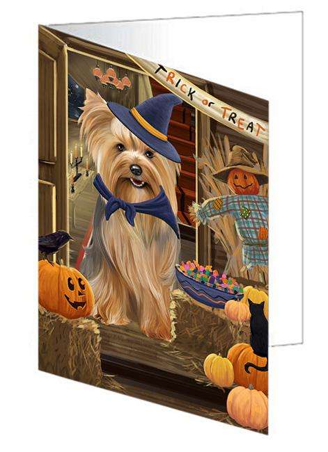 Enter at Own Risk Trick or Treat Halloween Yorkshire Terrier Dog Handmade Artwork Assorted Pets Greeting Cards and Note Cards with Envelopes for All Occasions and Holiday Seasons GCD64091
