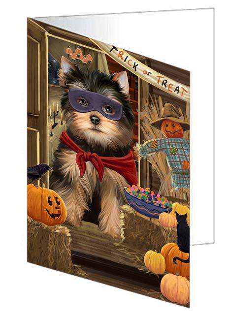 Enter at Own Risk Trick or Treat Halloween Yorkshire Terrier Dog Handmade Artwork Assorted Pets Greeting Cards and Note Cards with Envelopes for All Occasions and Holiday Seasons GCD64094