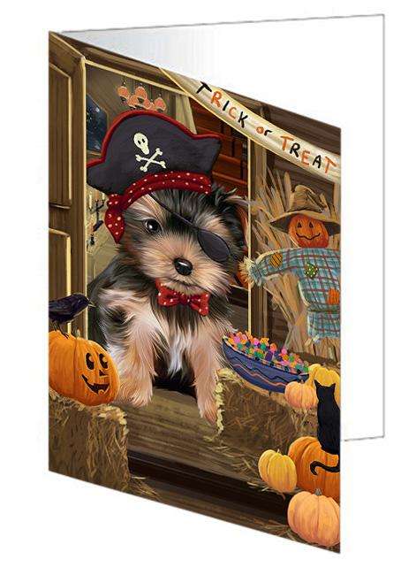 Enter at Own Risk Trick or Treat Halloween Yorkshire Terrier Dog Handmade Artwork Assorted Pets Greeting Cards and Note Cards with Envelopes for All Occasions and Holiday Seasons GCD64097