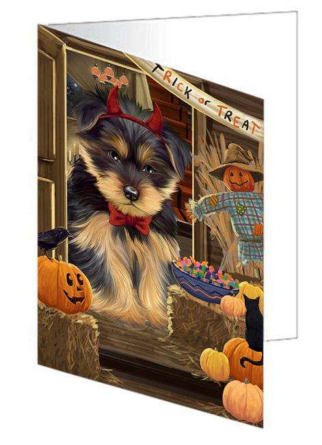 Enter at Own Risk Trick or Treat Halloween Yorkshire Terrier Dog Handmade Artwork Assorted Pets Greeting Cards and Note Cards with Envelopes for All Occasions and Holiday Seasons GCD64100