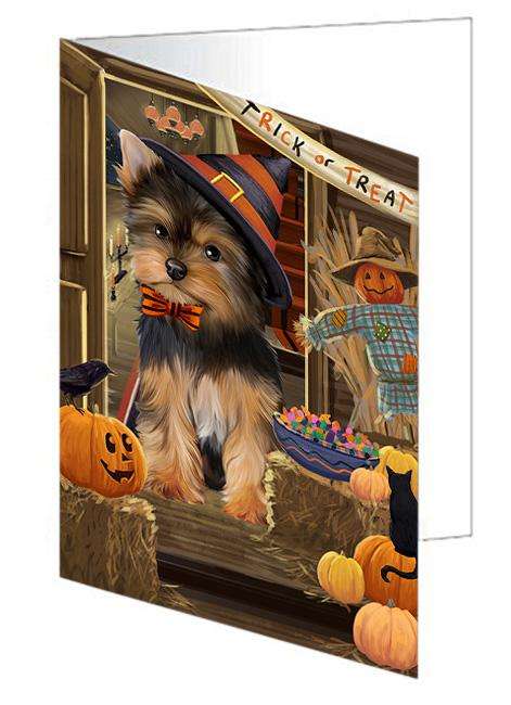 Enter at Own Risk Trick or Treat Halloween Yorkshire Terrier Dog Handmade Artwork Assorted Pets Greeting Cards and Note Cards with Envelopes for All Occasions and Holiday Seasons GCD64103