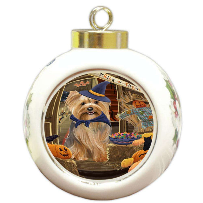 Enter at Own Risk Trick or Treat Halloween Yorkshire Terrier Dog Round Ball Christmas Ornament RBPOR53354