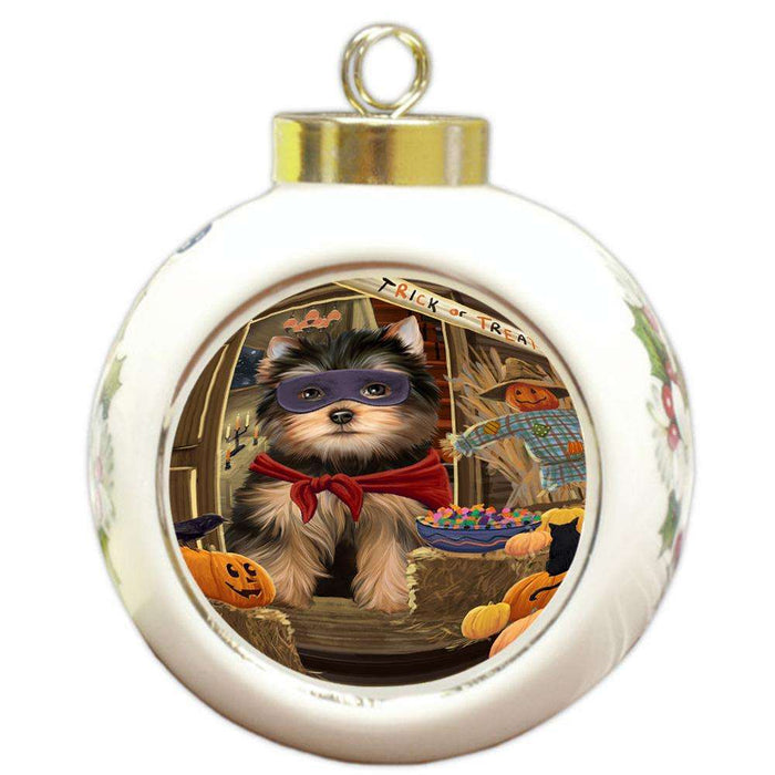 Enter at Own Risk Trick or Treat Halloween Yorkshire Terrier Dog Round Ball Christmas Ornament RBPOR53355