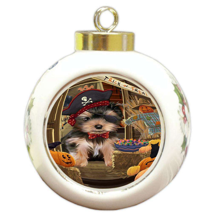 Enter at Own Risk Trick or Treat Halloween Yorkshire Terrier Dog Round Ball Christmas Ornament RBPOR53356