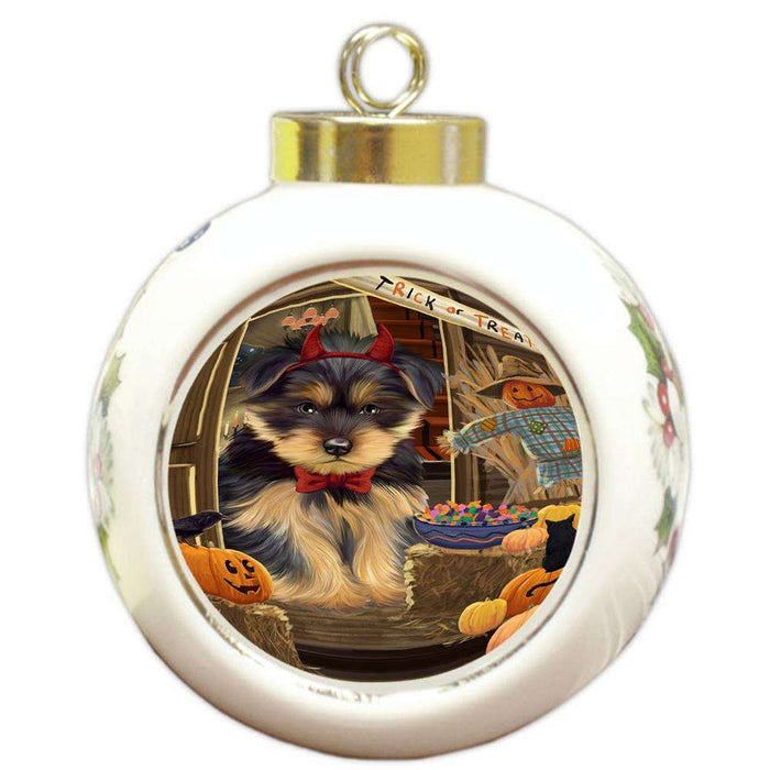 Enter at Own Risk Trick or Treat Halloween Yorkshire Terrier Dog Round Ball Christmas Ornament RBPOR53357