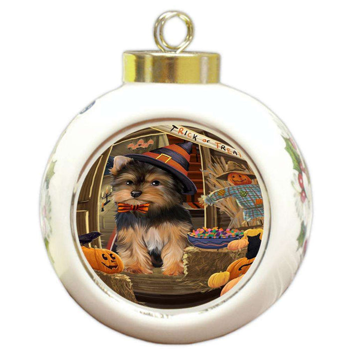 Enter at Own Risk Trick or Treat Halloween Yorkshire Terrier Dog Round Ball Christmas Ornament RBPOR53358